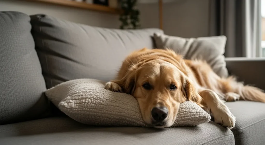 Tired dog lying on couch showing early heartworm symptoms like fatigue and low energy