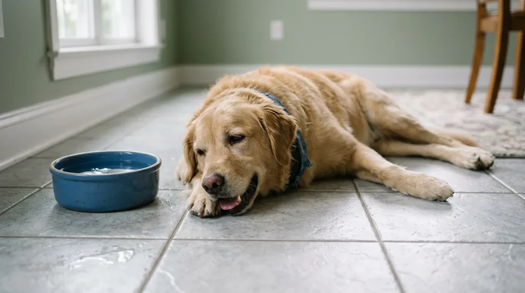Dog showing signs of heat exhaustion lying near water bowl indoors