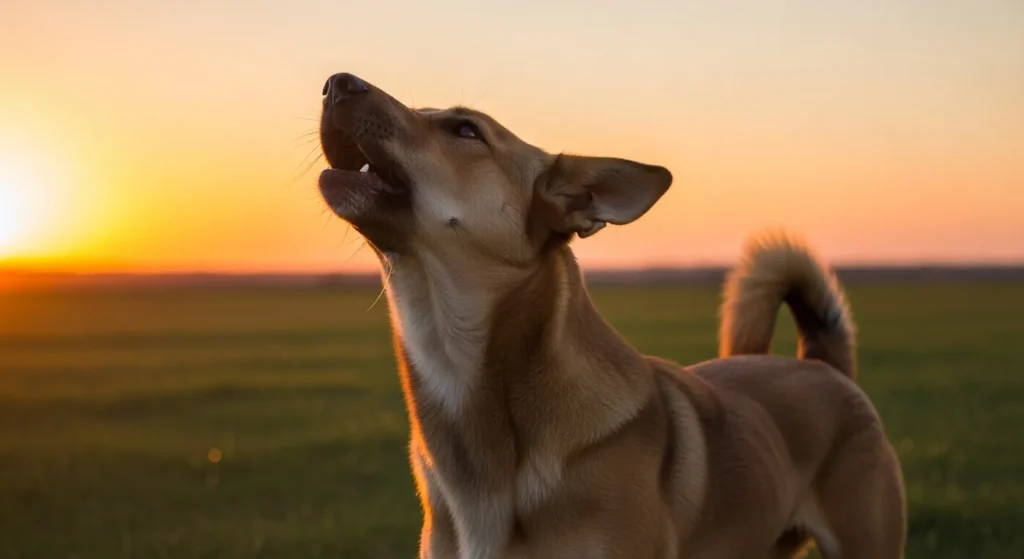 Dog howling outdoors at sunset