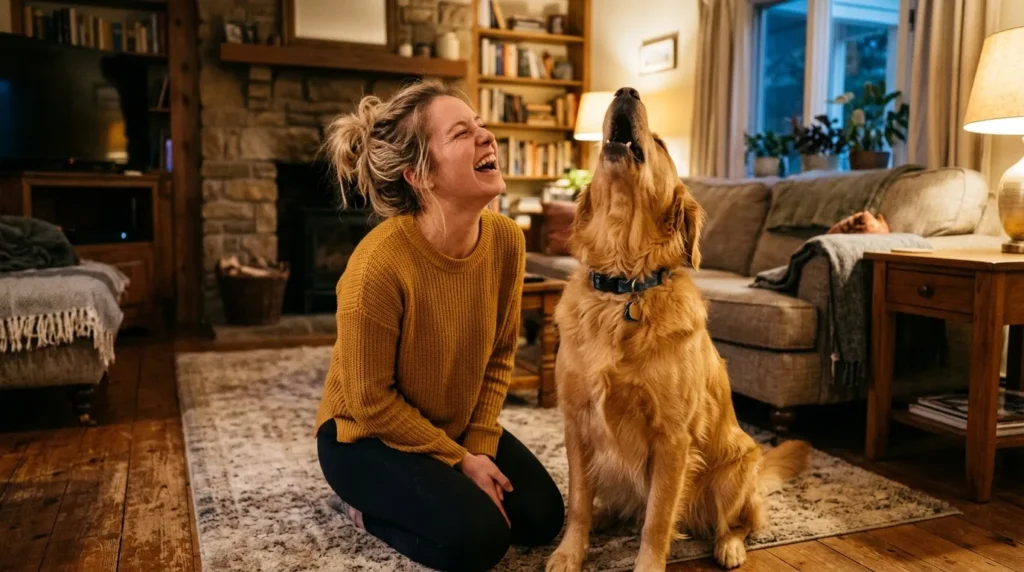 Owner and golden retriever both howling together in a living room 