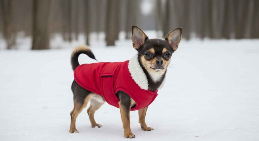 Small dog in a red winter coat on snowy ground.