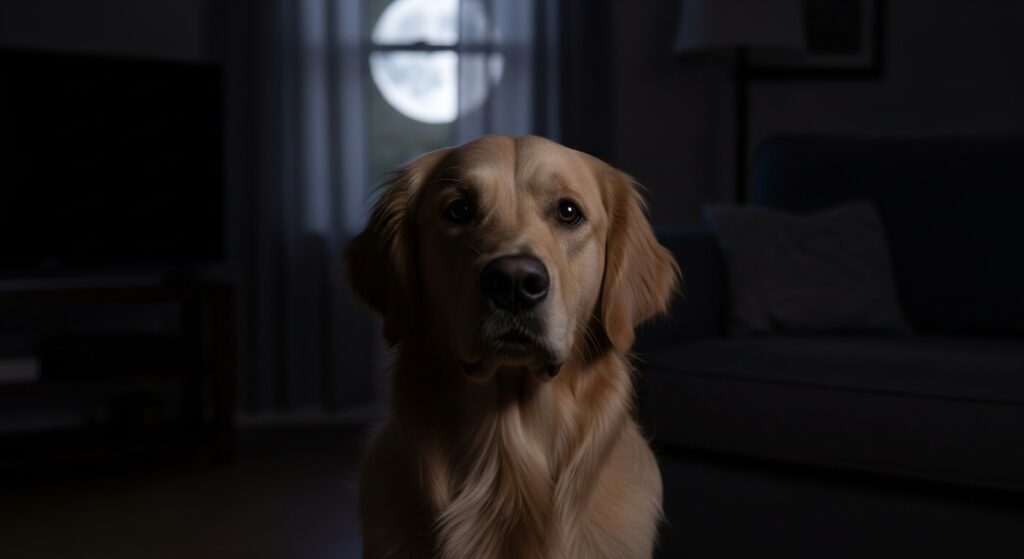 Golden retriever in a dimly lit room with glowing eyes.