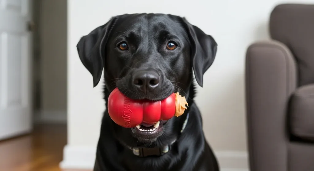 Dog chewing Kong toy with peanut butter