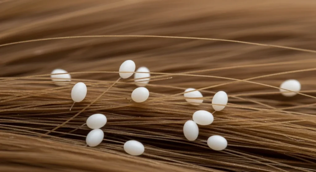 Microscopic view of white lice eggs attached to brown dog hair