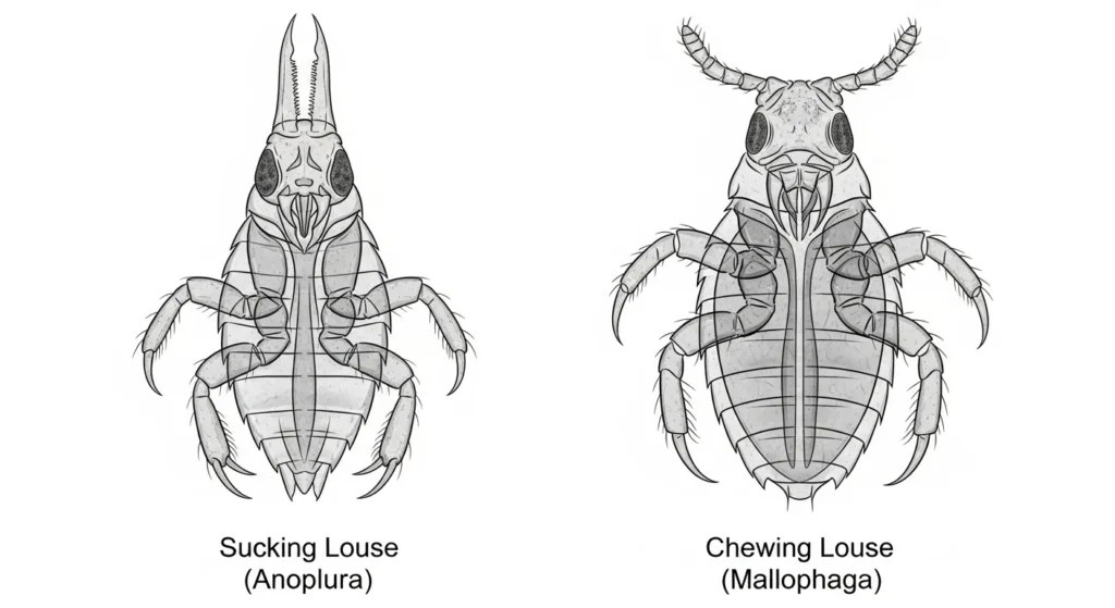 Microscopic view comparing chewing lice and sucking lice that affect dogs