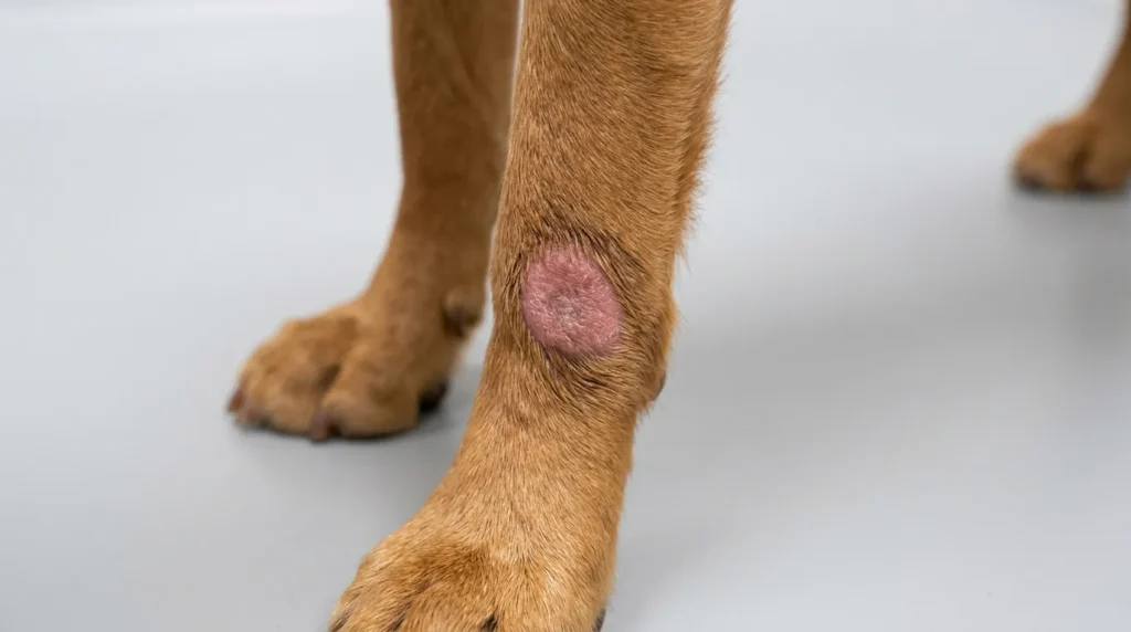 Dog leg showing a raised hairless lick granuloma lesion on the wrist area