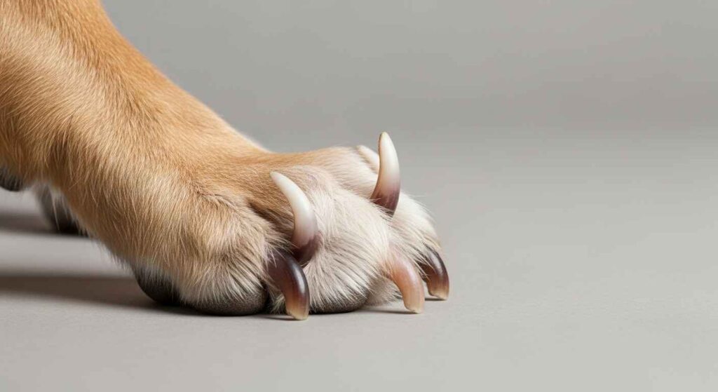 Dog paws showing overgrown nails that need trimming