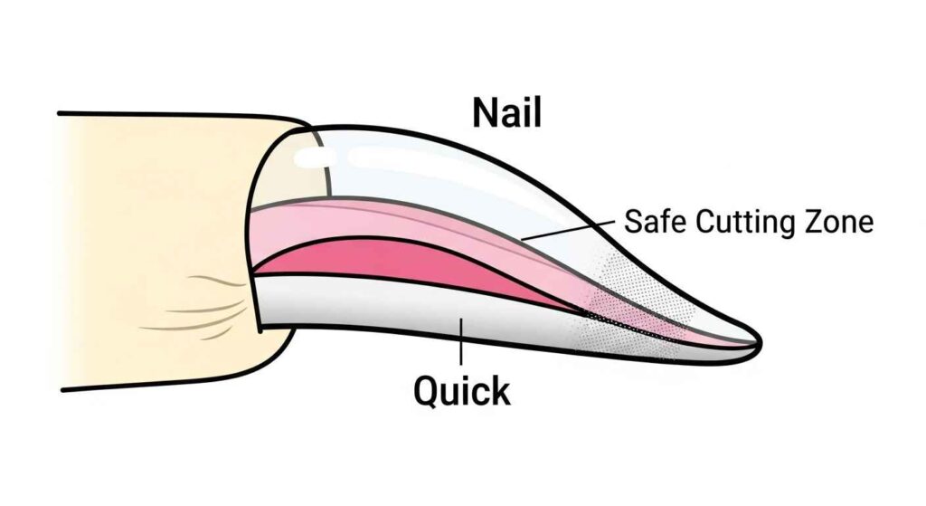 Diagram of dog nail showing quick, nail, and safe cutting zone