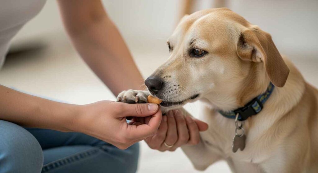 Dog getting treats during paw handling practice for nail trimming