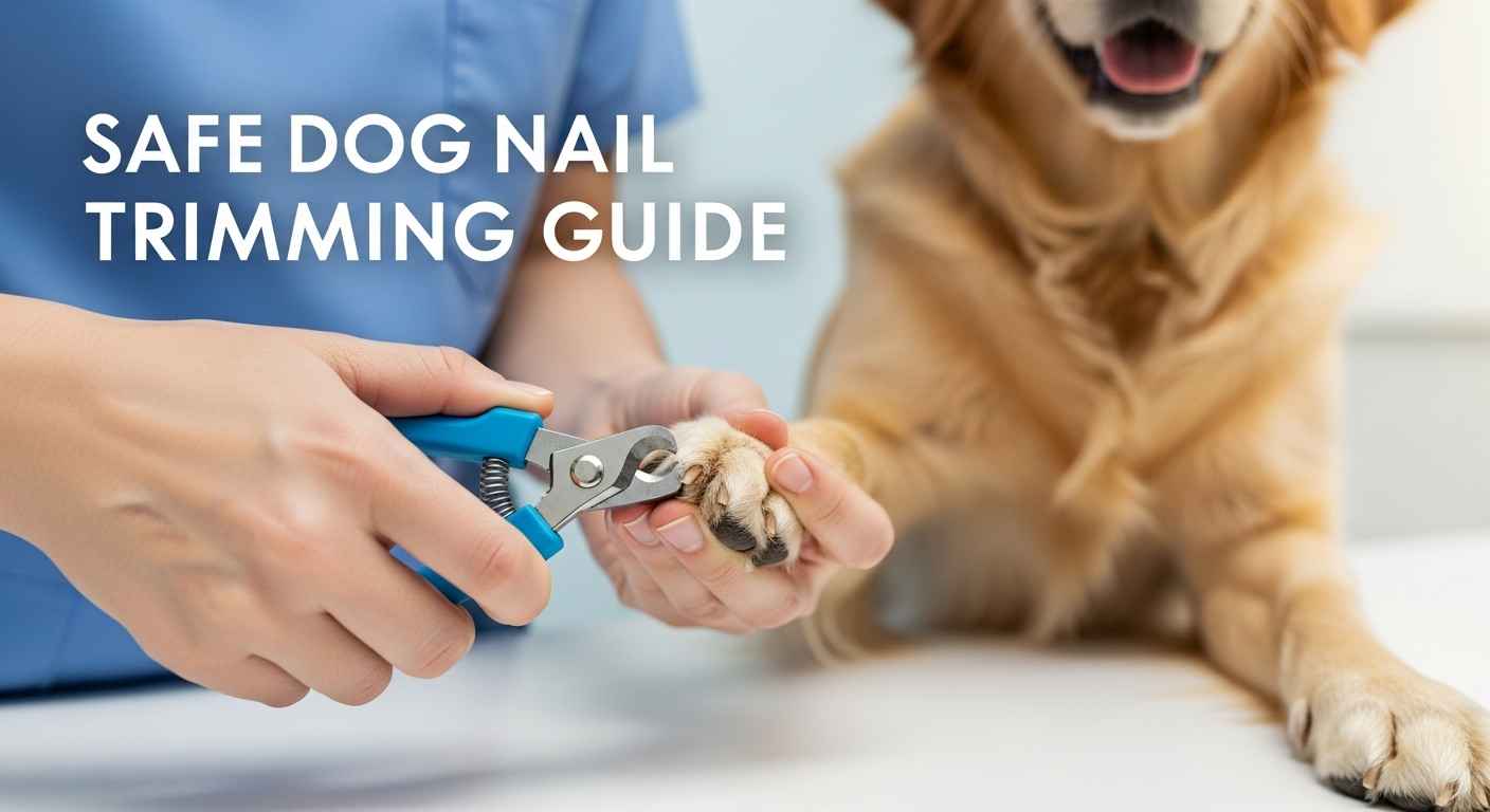 Hands demonstrating proper dog nail trimming technique with clippers on friendly dog’s paw