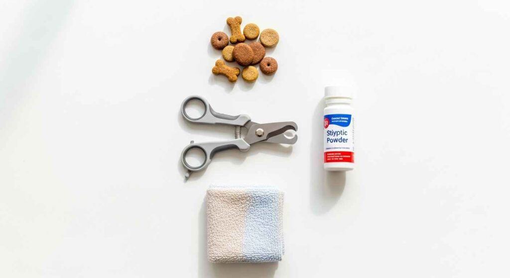 Dog nail clippers, styptic powder, and treats arranged on a table