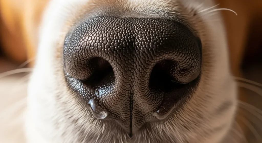 Dog with clear nasal discharge close-up.