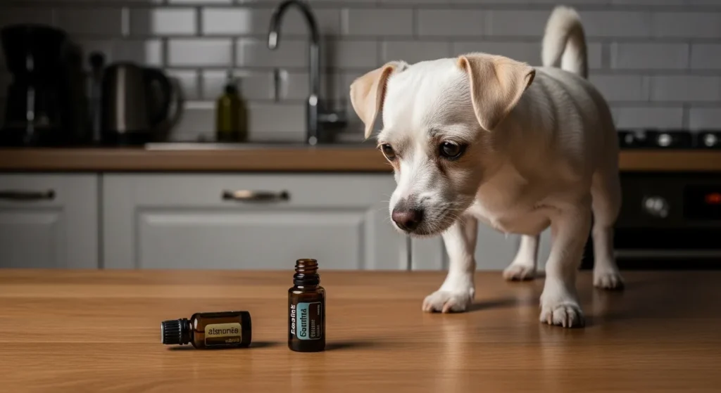 Small dog near an overturned essential oil bottle on a kitchen counter, illustrating toxicity risk