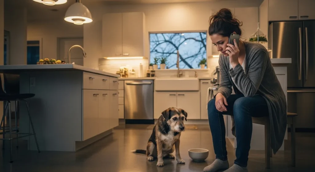 Dog owner calling vet after dog ate ham while dog sits nearby