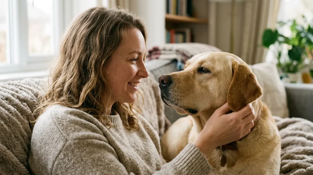 Woman and Labrador making soft eye contact, showing dog-human bonding