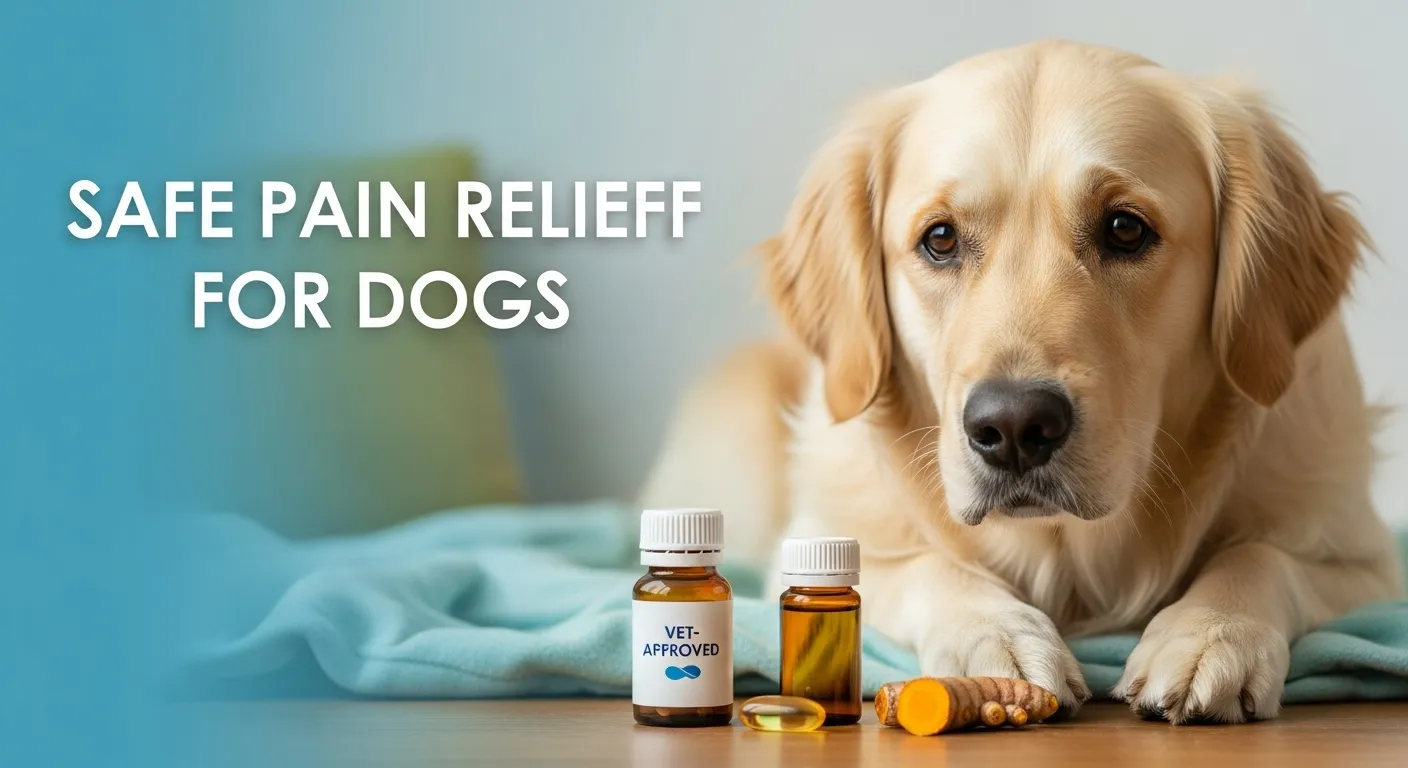 Golden retriever with pain relief items.