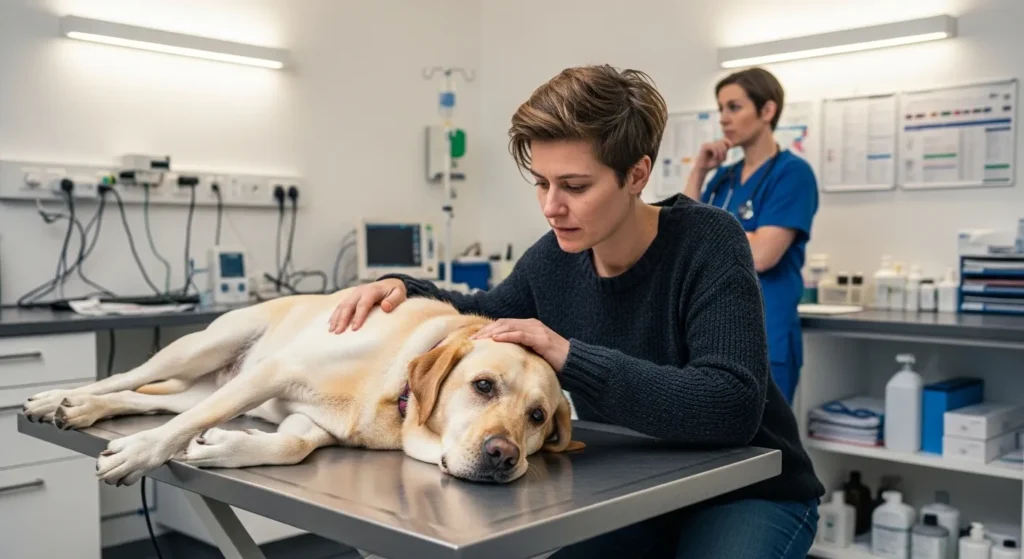 Dog lying on vet examination table after eating fatty food like ham