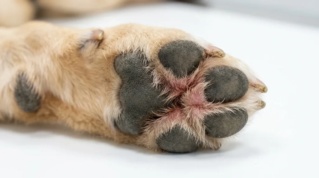 Close-up of a dog paw showing redness and inflammation between the toes from allergies