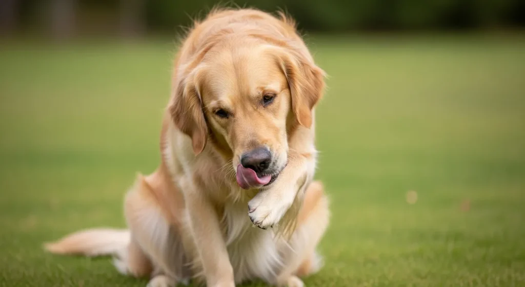 Dog licking paw during grooming