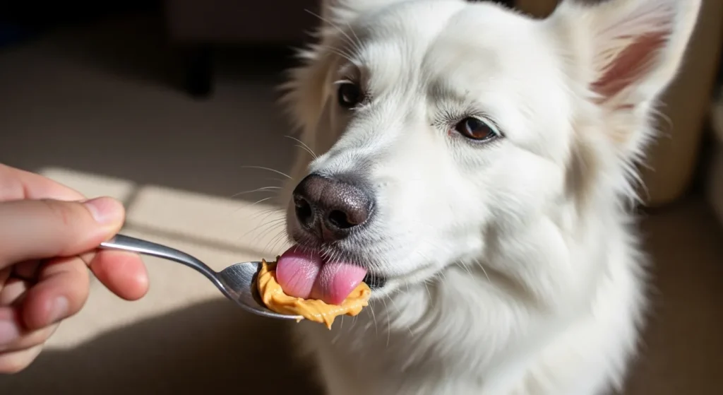 Dog licking peanut butter spoon