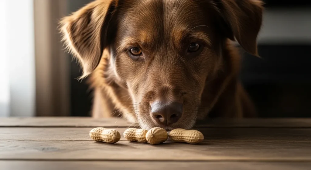 Dog sniffing unsalted peanuts
