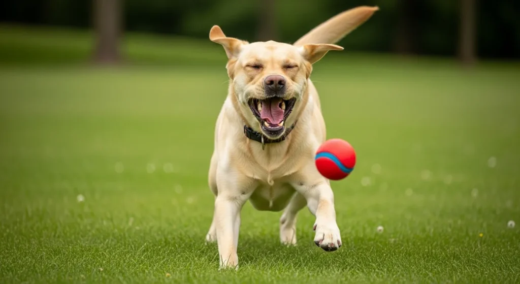 Happy dog sneezing while playing with a ball.
