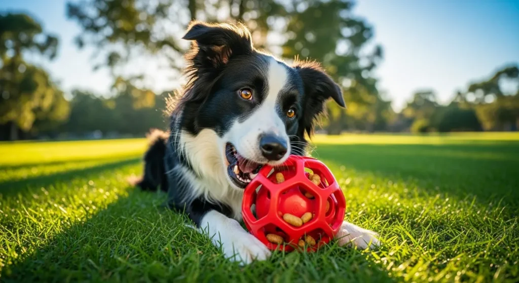 Dog enjoying puzzle toy outdoors