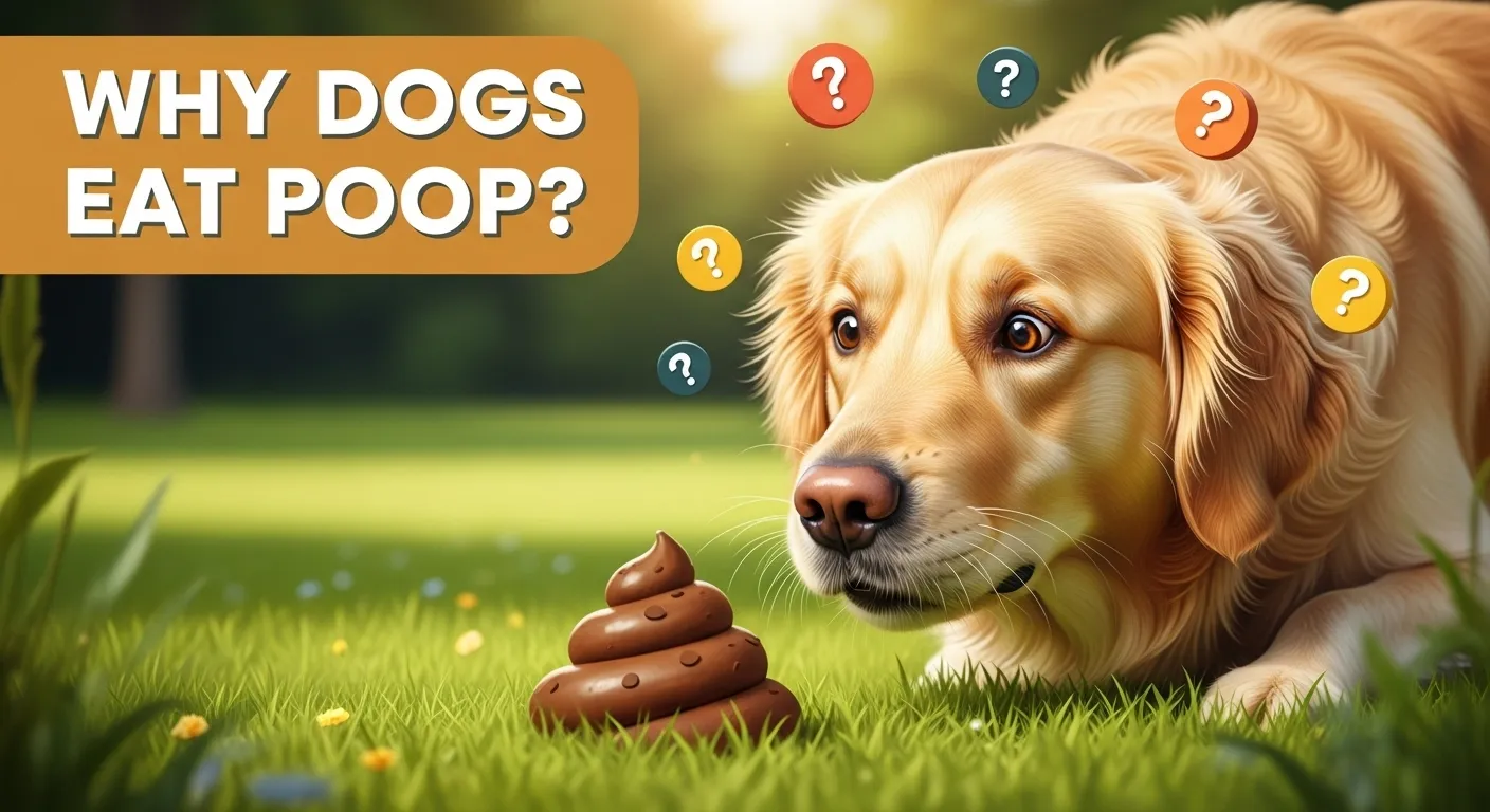 Golden retriever dog wondering why it eats poop illustration