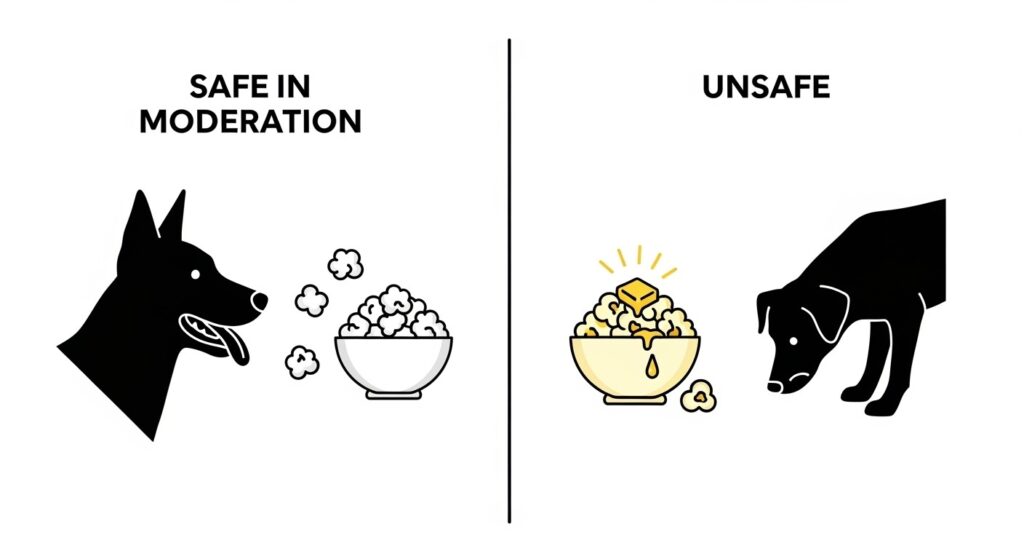 Illustration of popcorn types safe and unsafe for dogs.