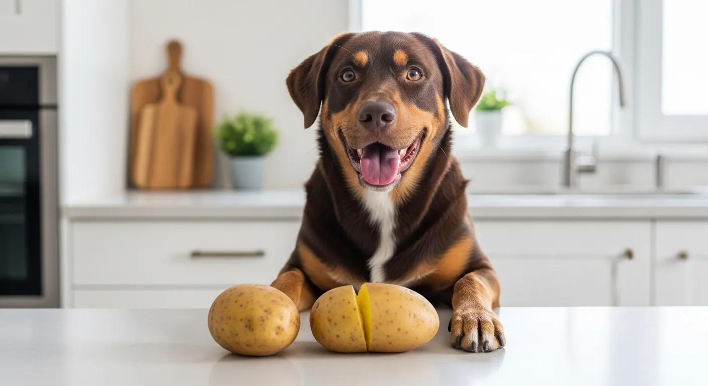 Curious dog with potatoes for food guide.