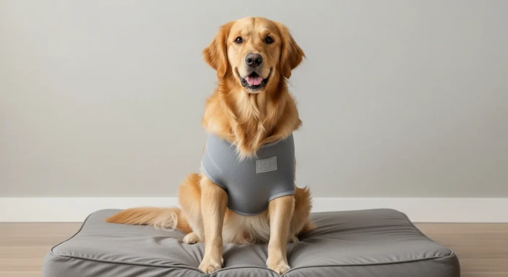 Dog in calming wrap.