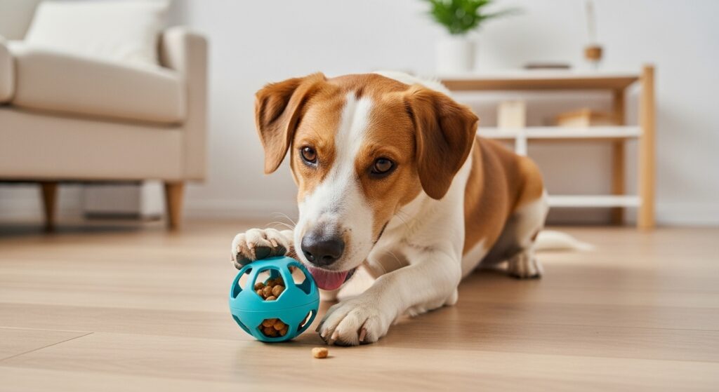 Dog using a puzzle toy for stimulation.