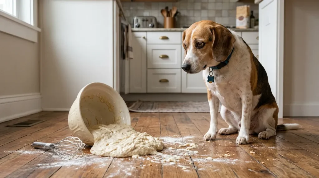 Dog sitting next to spilled raw bread dough on kitchen floor