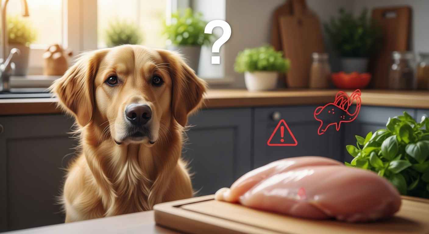 Golden retriever looking at raw chicken breast on cutting board.