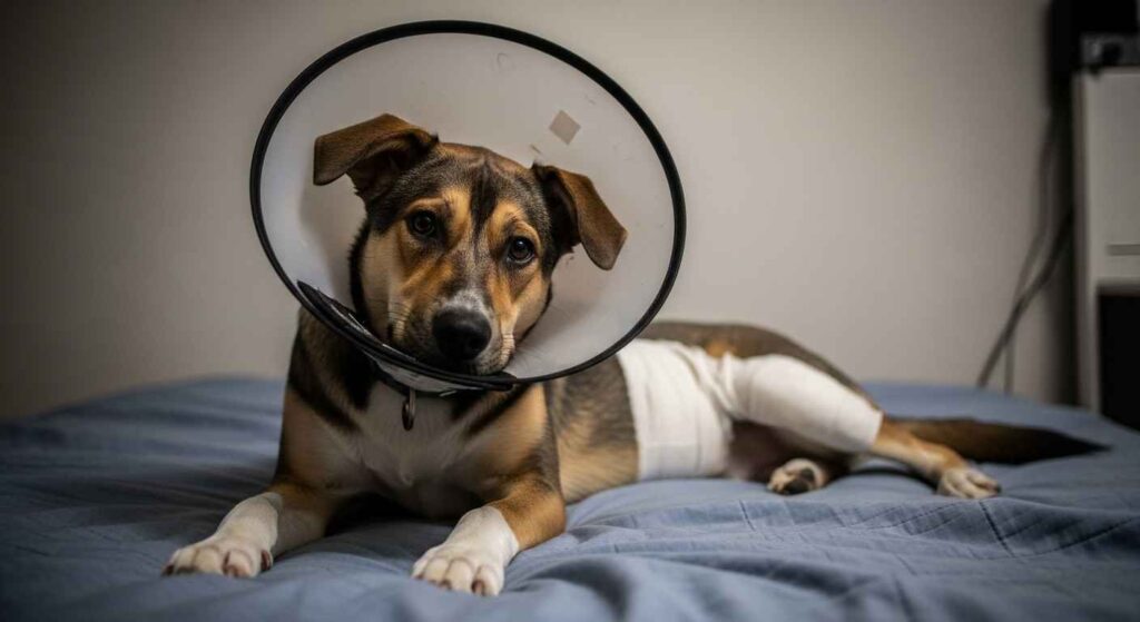 Calm dog wearing cone collar during recovery.