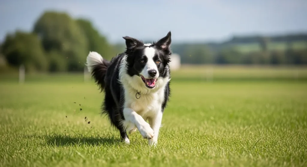 Energetic dog dashing in open meadow under blue sky.