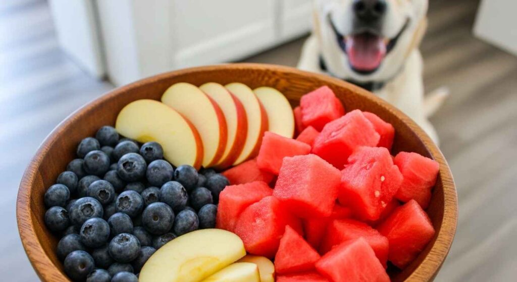 Dog-safe fruits like blueberries and apple slices in a bowl.