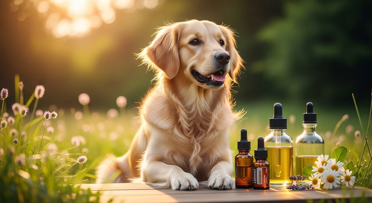 Golden retriever near lavender and chamomile essential oil bottles
