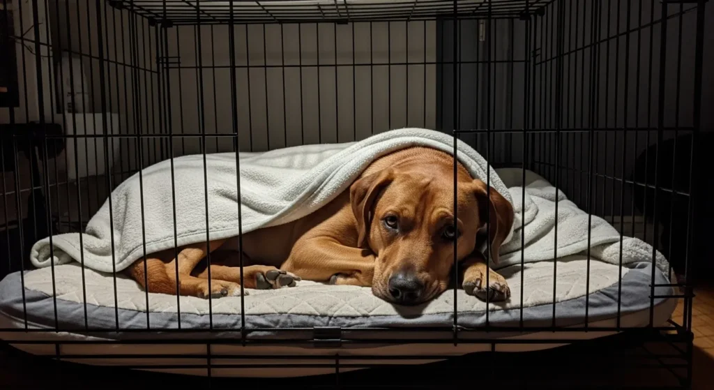 Dog resting in covered crate.