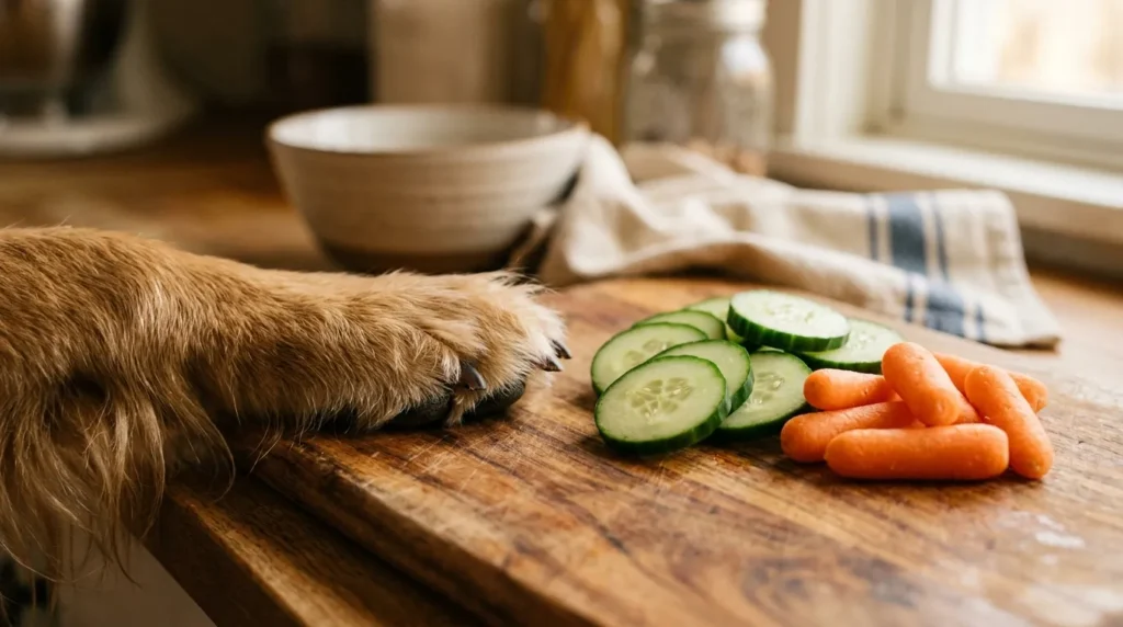 Dog paw next to sliced cucumbers and carrots as safe vegetable treats