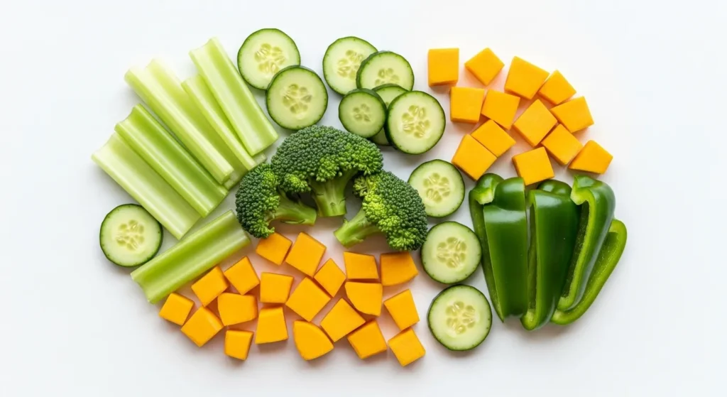 Assorted dog-safe vegetables including celery, broccoli, cucumber, green pepper, and squash cut into small pieces on a white background