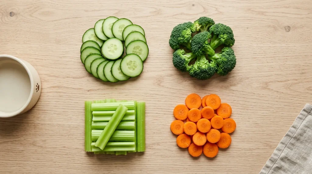 Assortment of dog-safe vegetables including cucumber, broccoli, celery, and carrots on a wooden surface