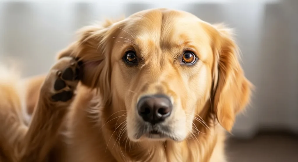 Golden retriever scratching behind ear showing signs of possible lice infestation
