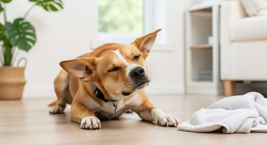 Dog shaking head with a towel nearby after ear cleaning.