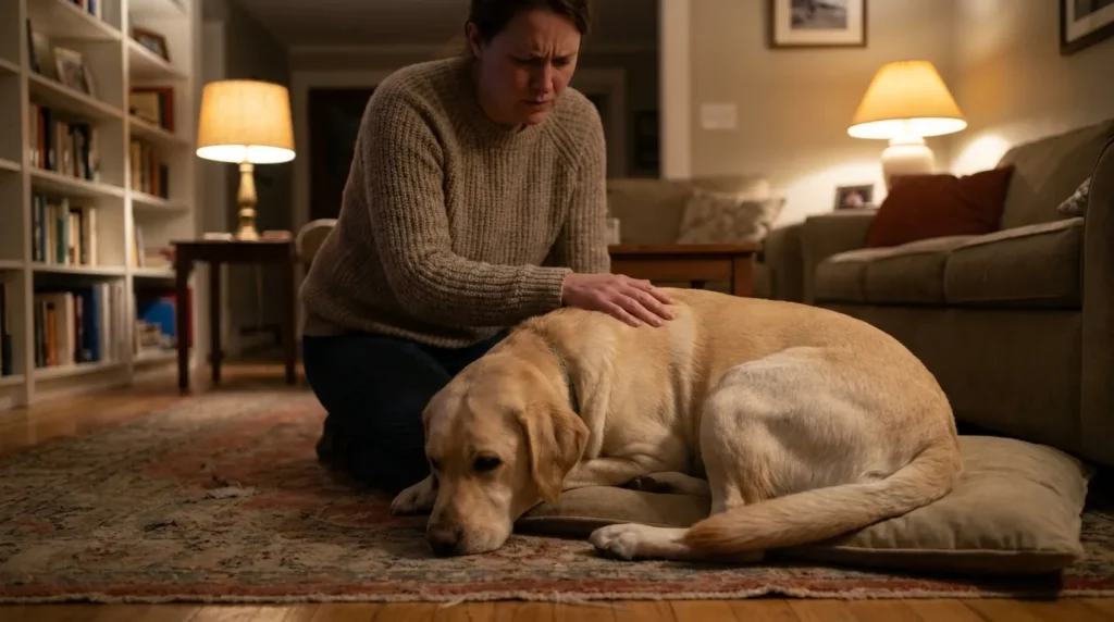 Dog owner checking on their sick dog showing signs of pancreatitis