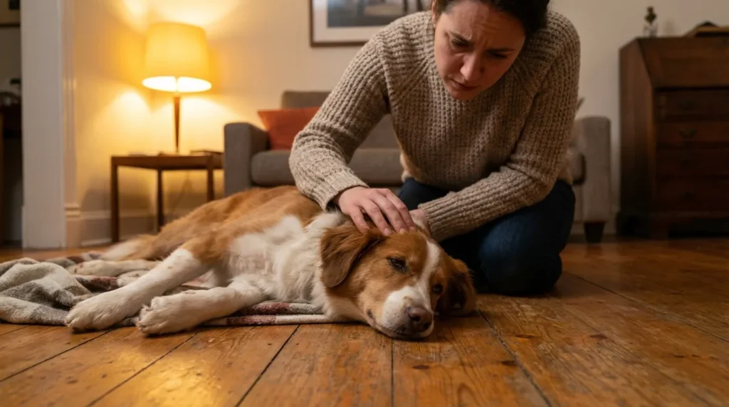 Dog owner checking on a lethargic dog lying on the floor after eating something harmful