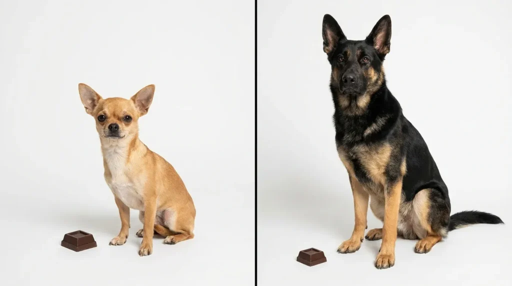 Small Chihuahua and large German Shepherd next to chocolate showing size-based toxicity difference in dogs