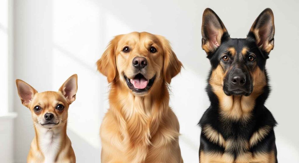 Three dogs of different sizes (small, medium, large) representing exercise needs by size