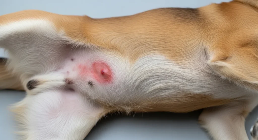 Dog with visible skin irritation showing redness and inflammation