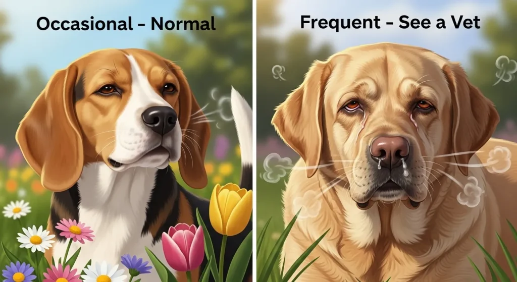Comparison image showing normal occasional dog sneezing versus frequent sneezing that needs a vet visit